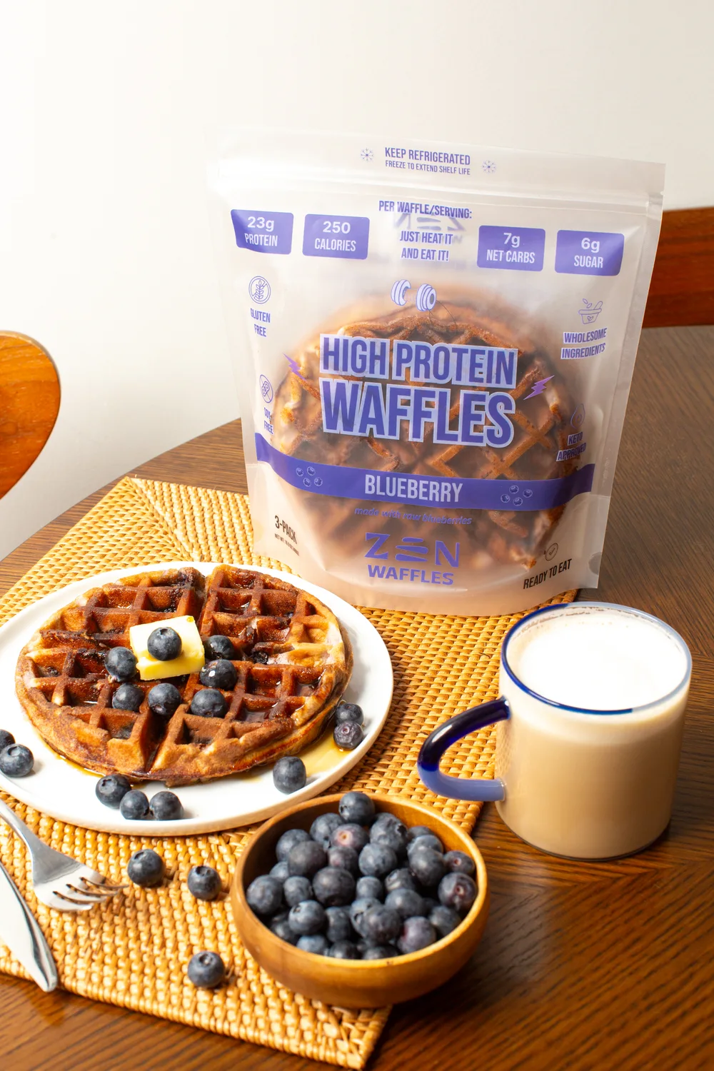 Blueberry waffles with fresh berries and coffee