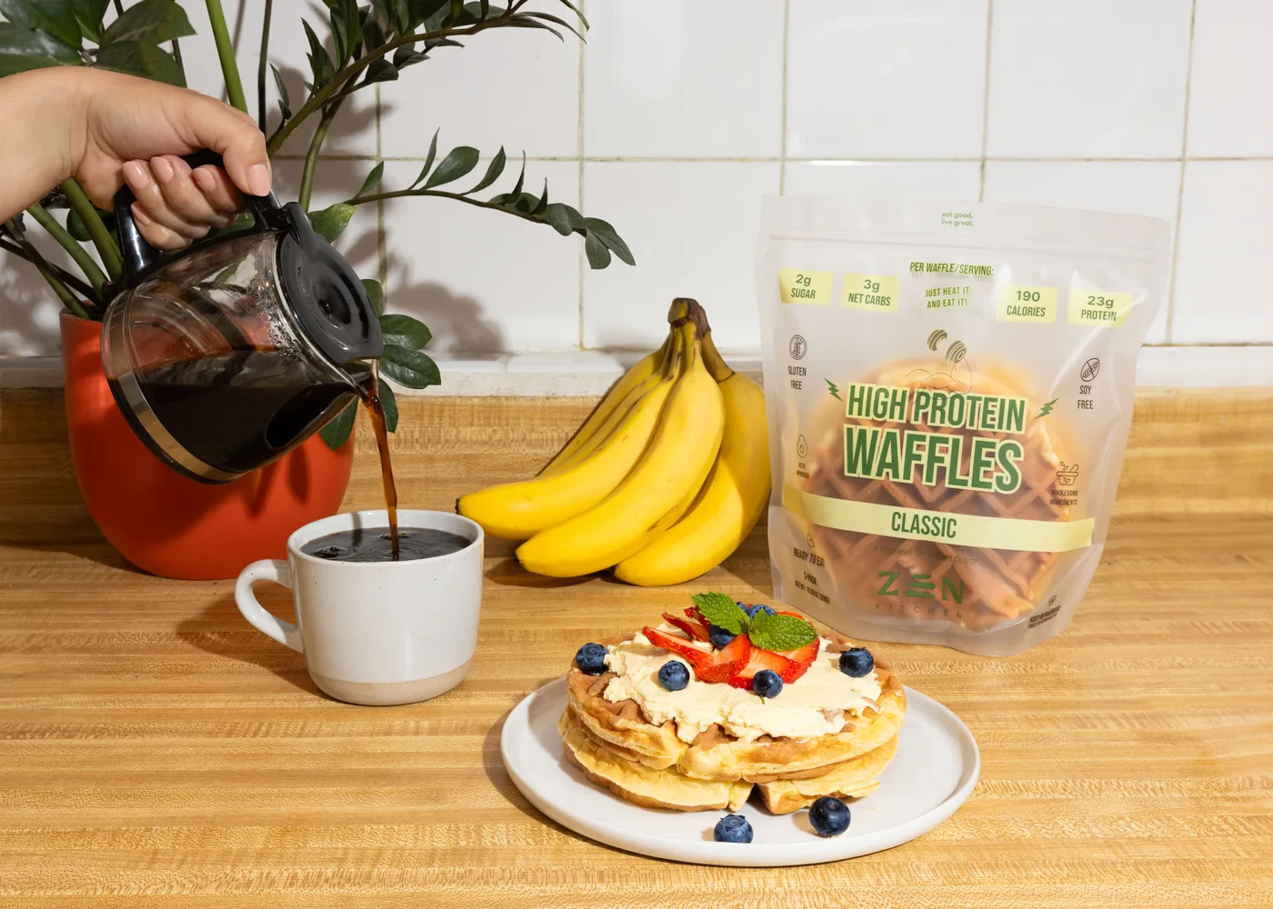 Morning coffee and a freshly topped Classic waffle stack